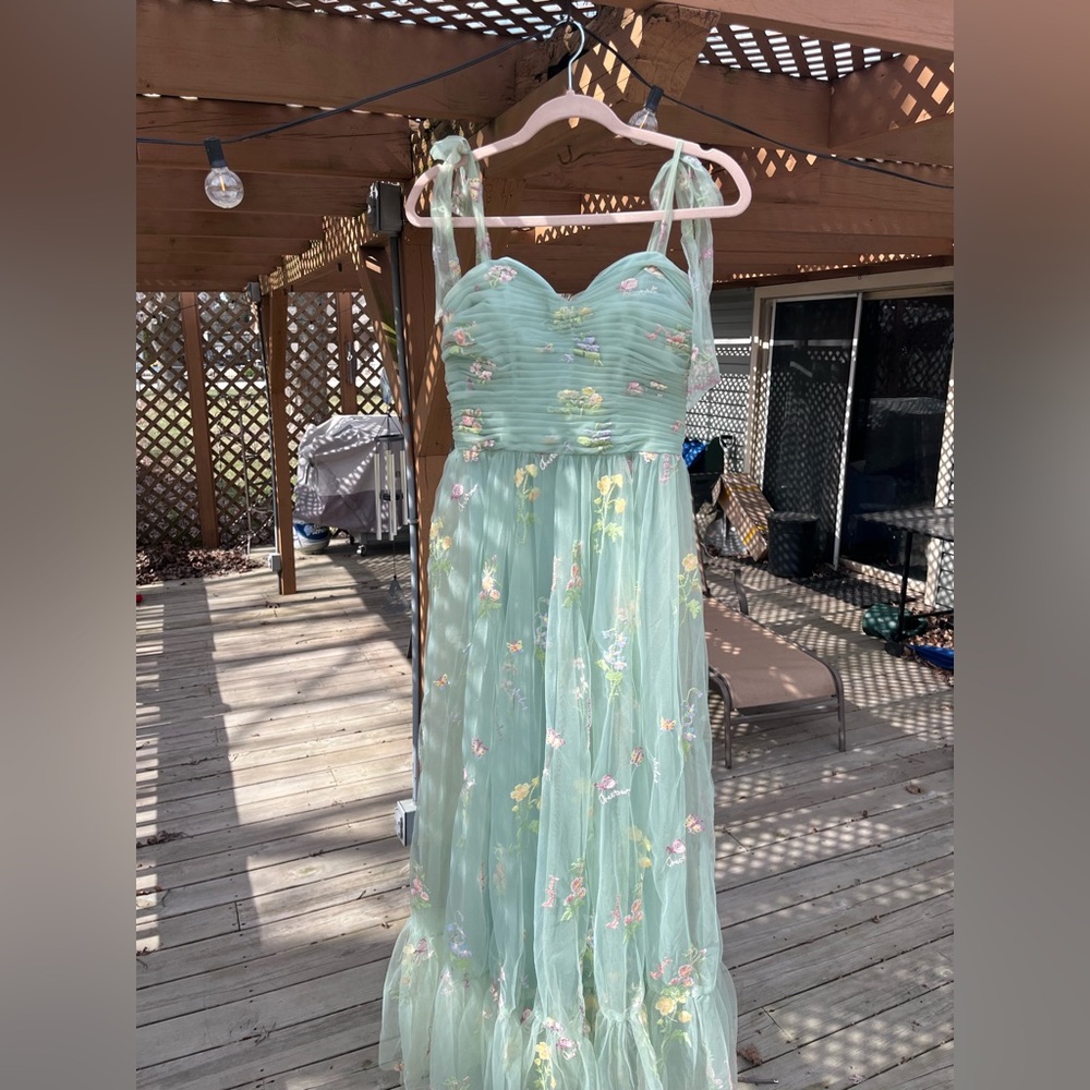 Mint Green Floral Embroidered Tulle Prom Dress
